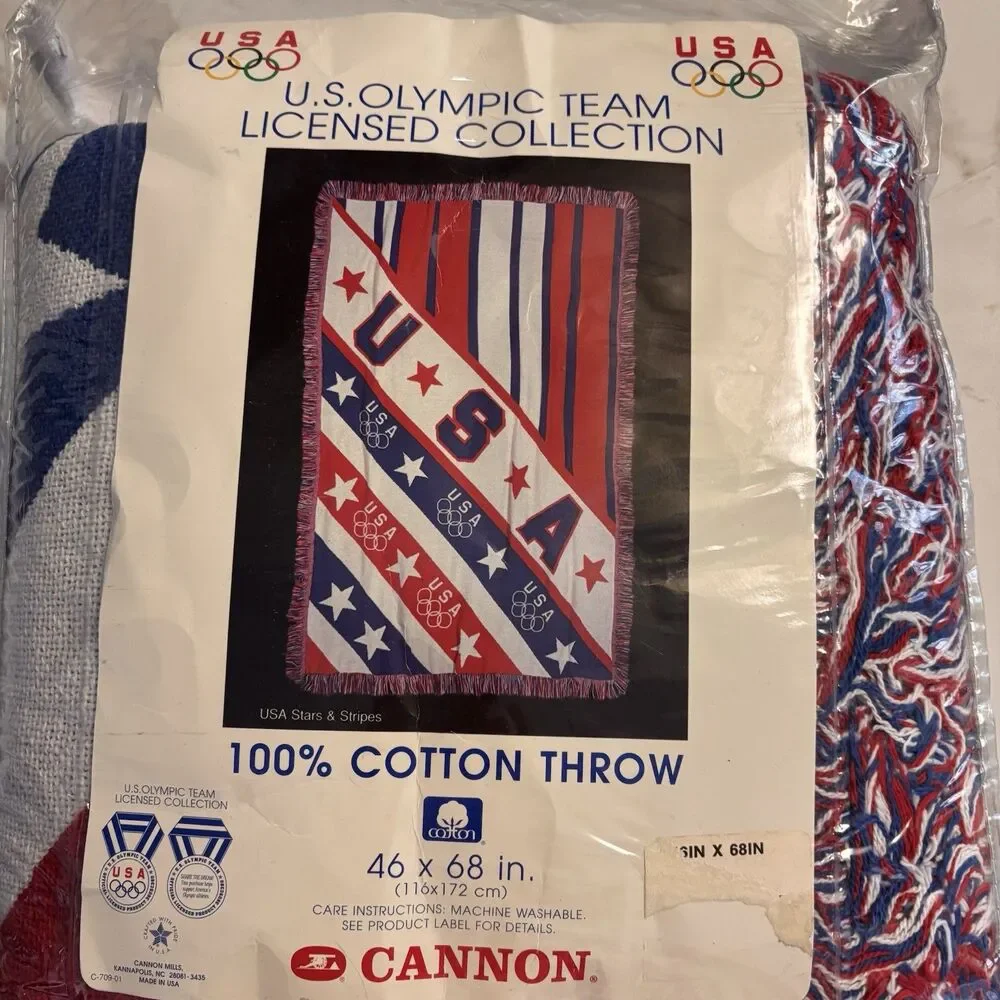 Vintage Cannon Throw Blanket U.S. Olympic Team Cotton Flag 46 x 68” Made In USA
